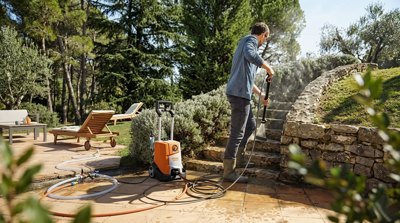 Lavadora de alta pressão STIHL limpando piso de pedra